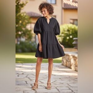 Sundry Black Puff Sleeve “The Anywhere” Tiered Dress